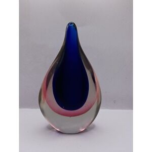 1960s Italian Murano Sommerso Blue Pink Tear Drop Glass Paper Weight D1